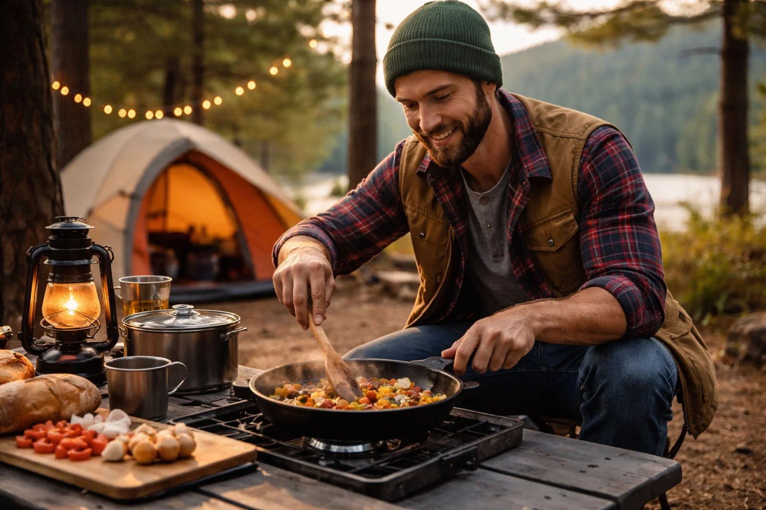 A camper cooking a meal on a stove near their tent