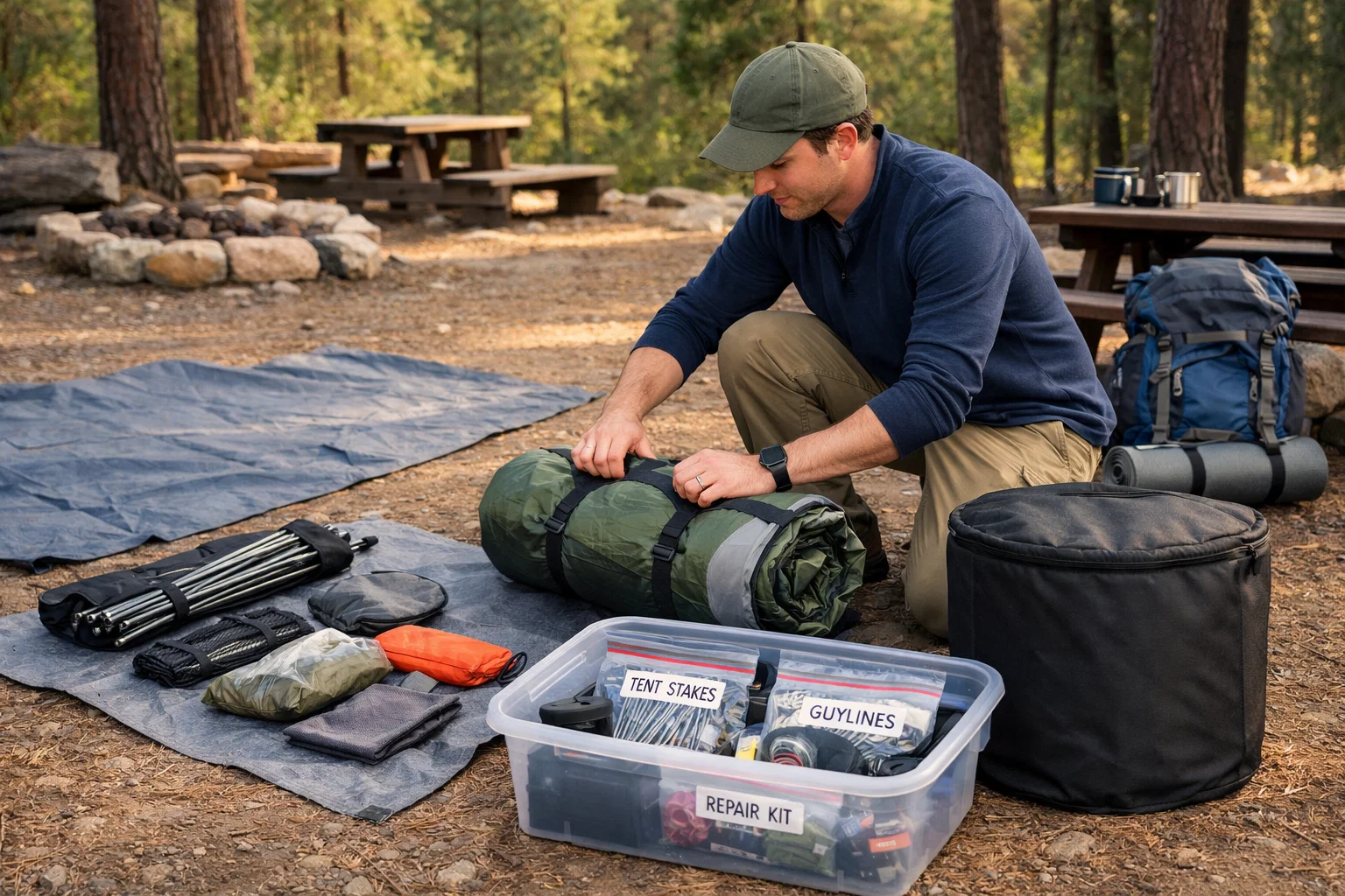 A camper conducting effective tent storage 