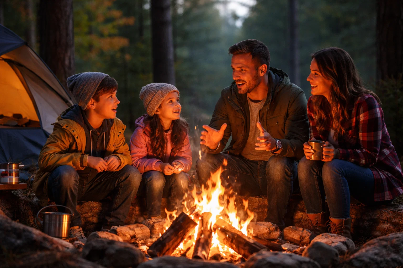 A family telling stories around a campfire