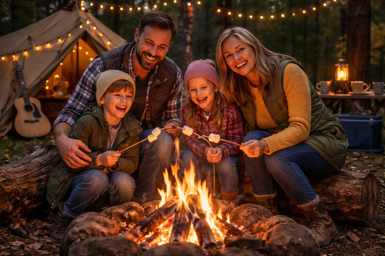A happy family camping and sitting round a campfire