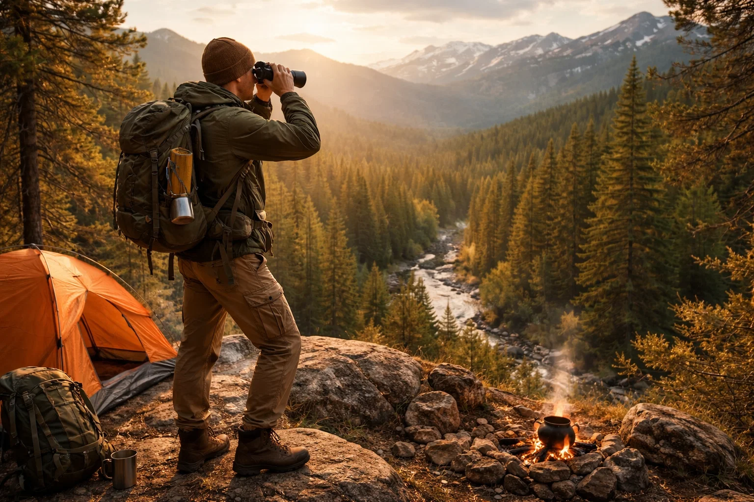 How to Select Campsite- A camper Inspecting Terrain and Local Environment