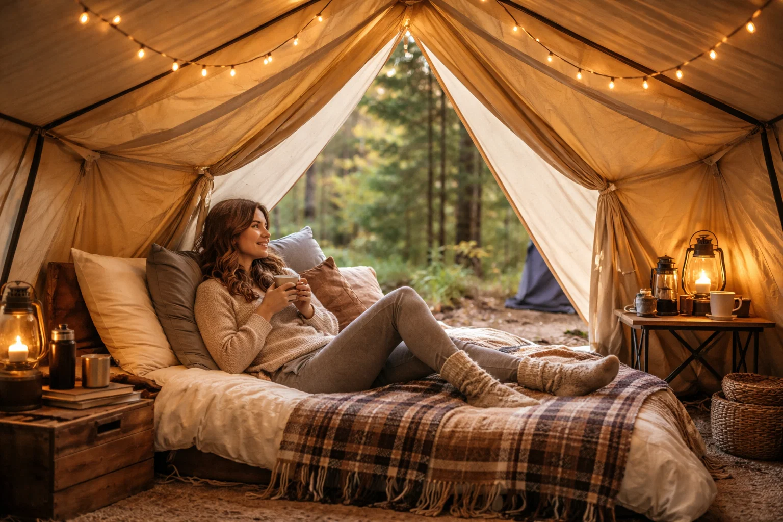 A CAMPER LOOKING VERY COMFOTRTABLE IN A SPACIOUS TENT