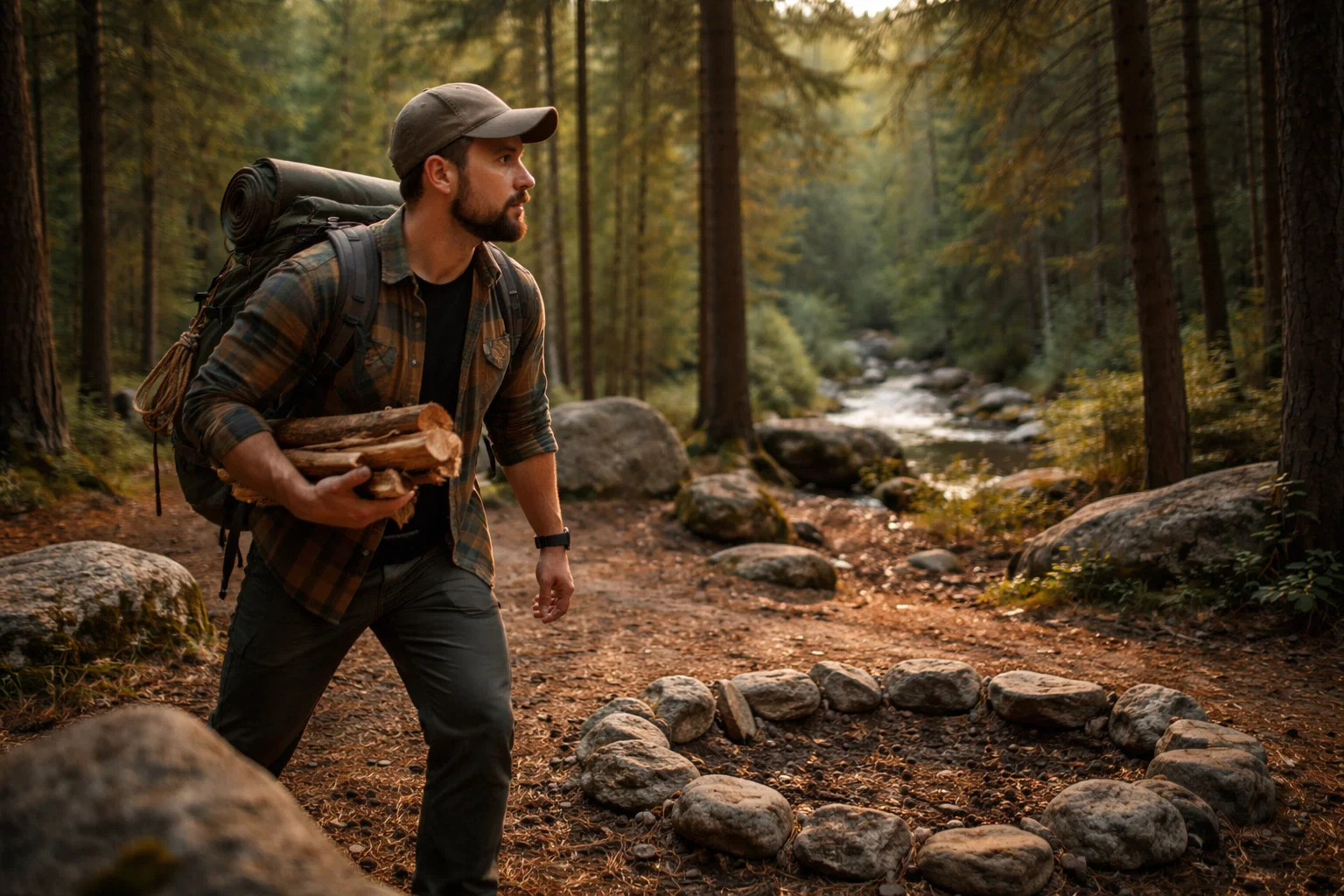 A camper following campfire safety guidelines 