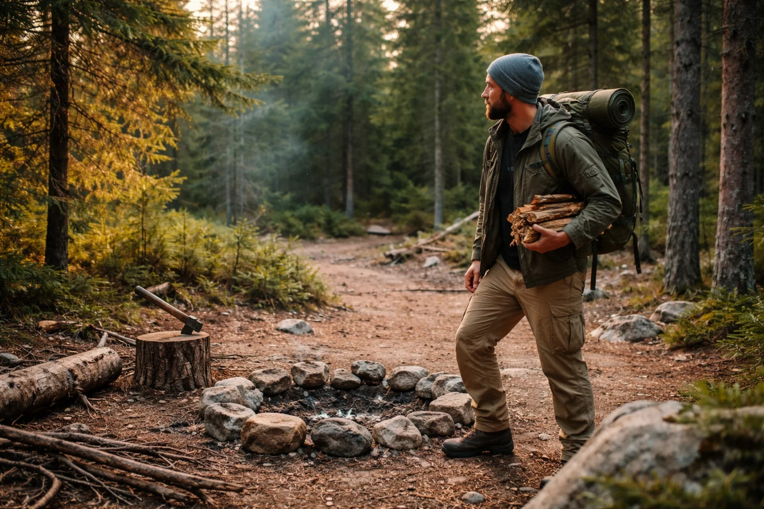 A camper looking around for a safe place to build a camp fire