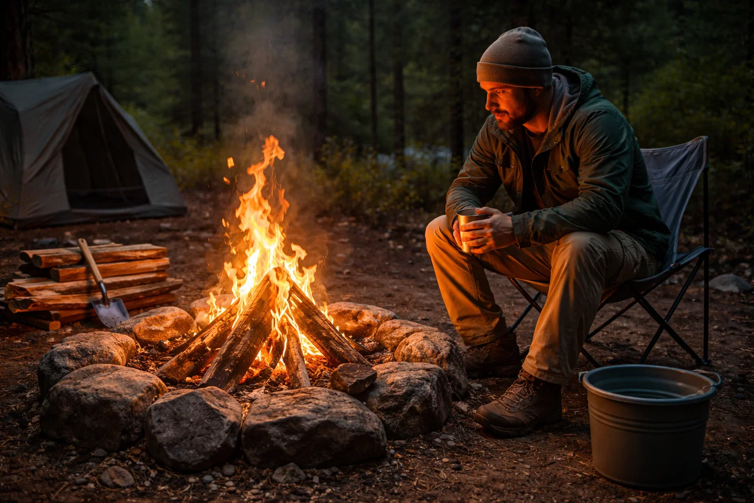 a camper looking at their campfire 