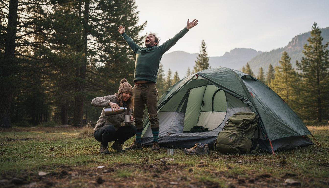 Campers at morning by sturdy freestanding tent