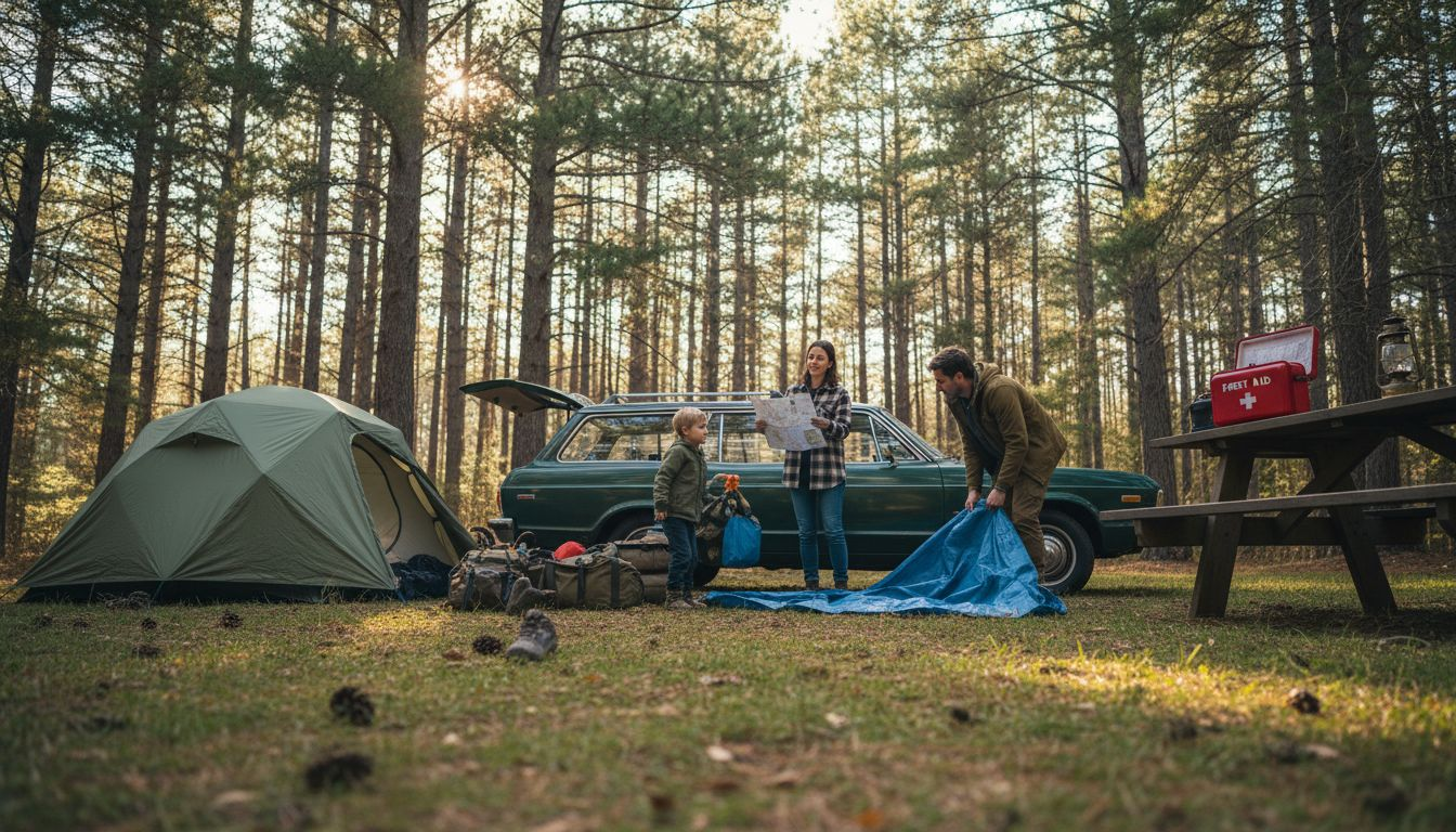 Family organizing safe camp setup in forest
