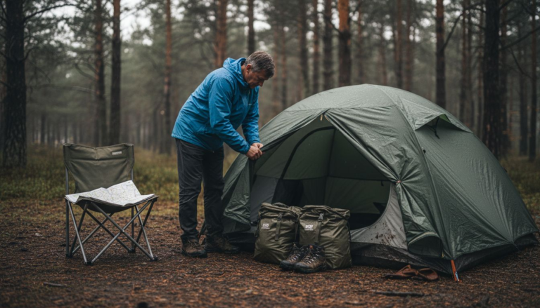 Camper using tent vestibule in rain