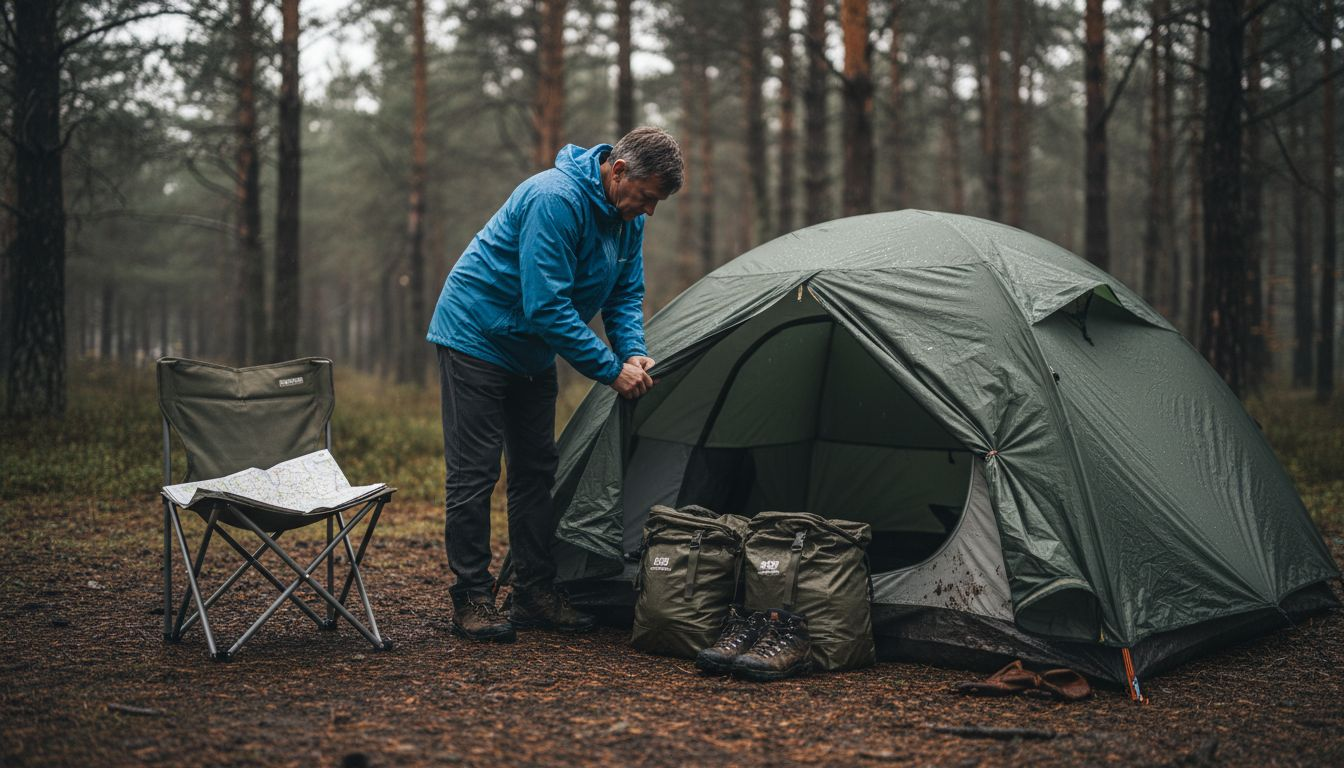 Camper using tent vestibule in rain