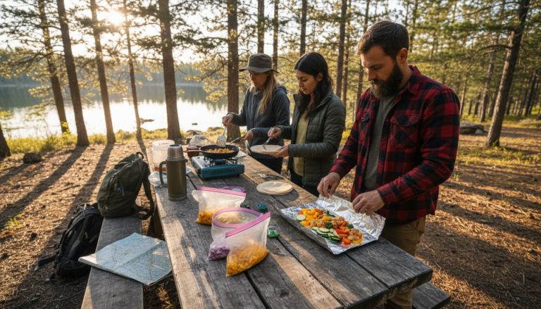 Campers preparing meals at outdoor lakeside campsite