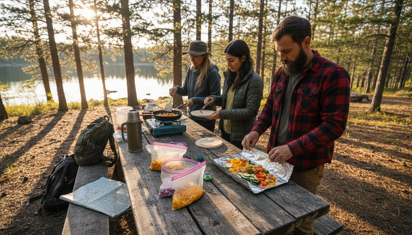 Campers preparing meals at outdoor lakeside campsite
