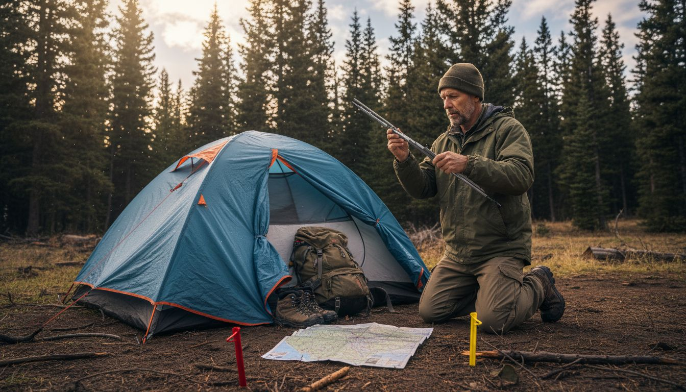 Camper checking tent pole material outdoors