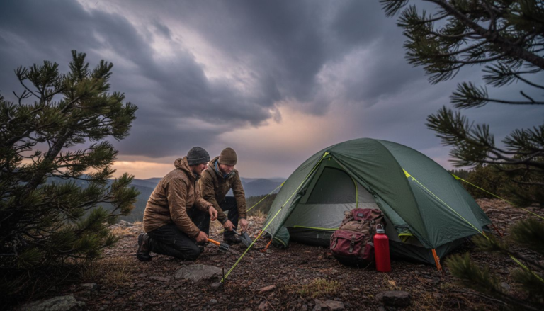Campers securing dome tent before storm