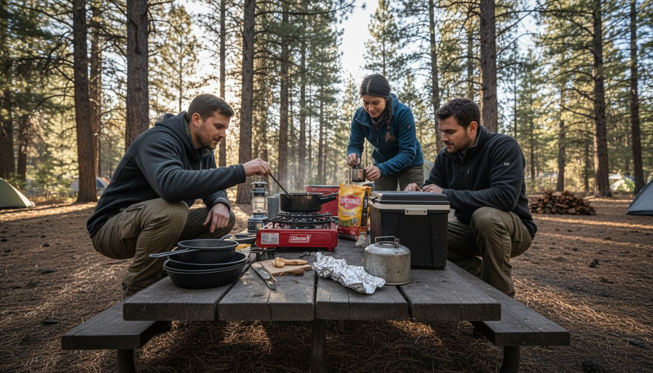 Campers using essential outdoor cooking equipment