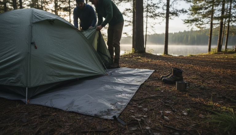 Campers packing up tent on damp forest floor