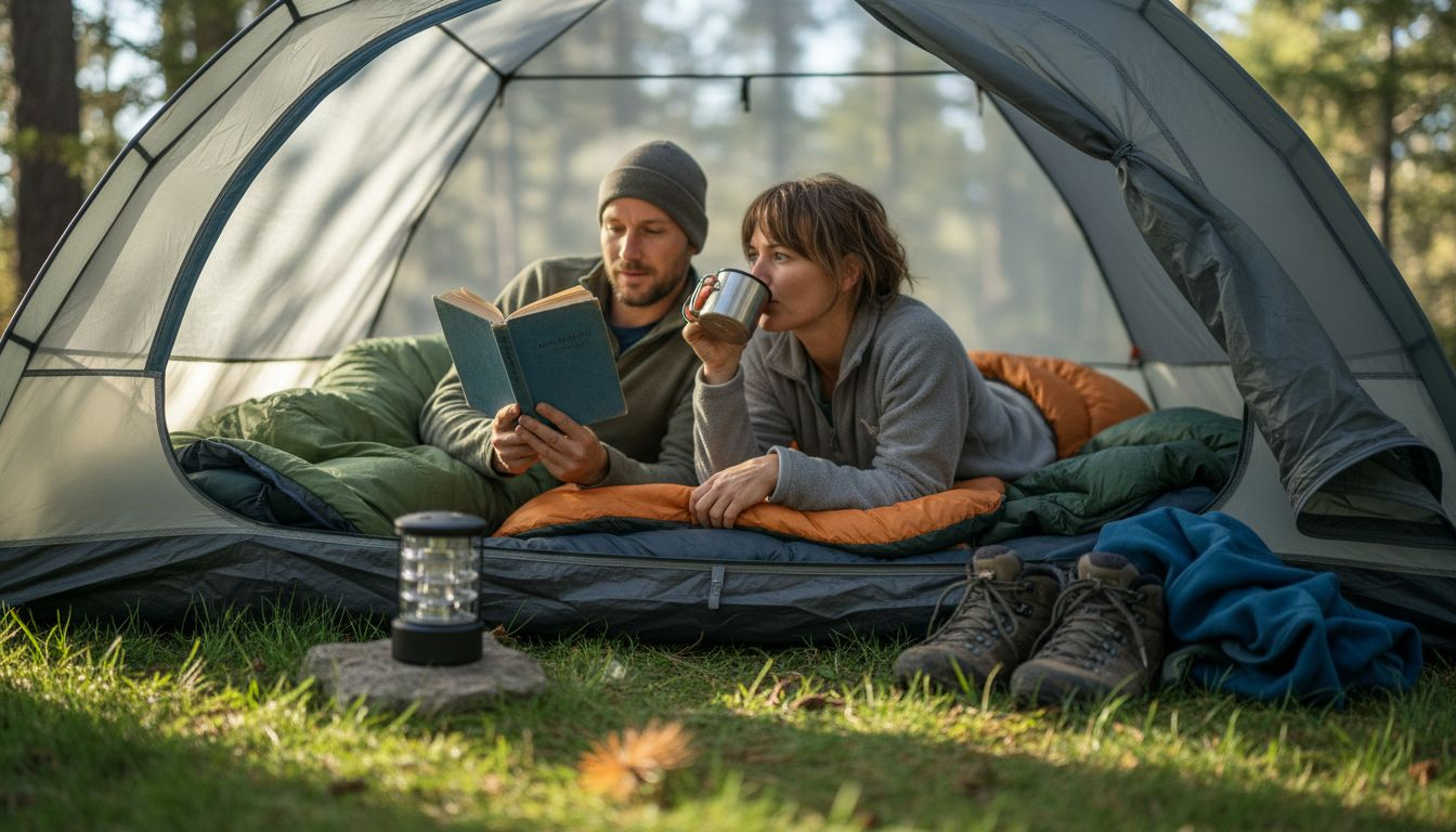 Campers enjoying a cozy tent interior
