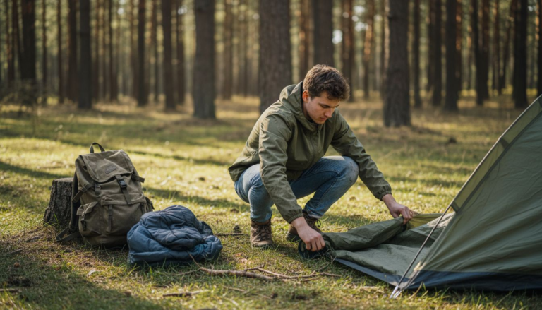 Beginner camper assembling tent at forest campsite