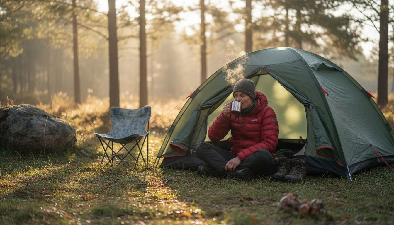 Camper at dome tent in morning campsite
