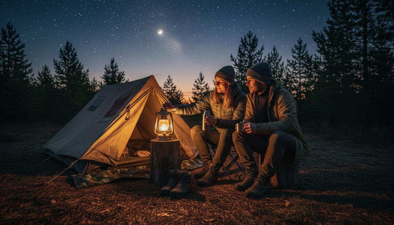 Campers stay warm at nighttime forest campsite