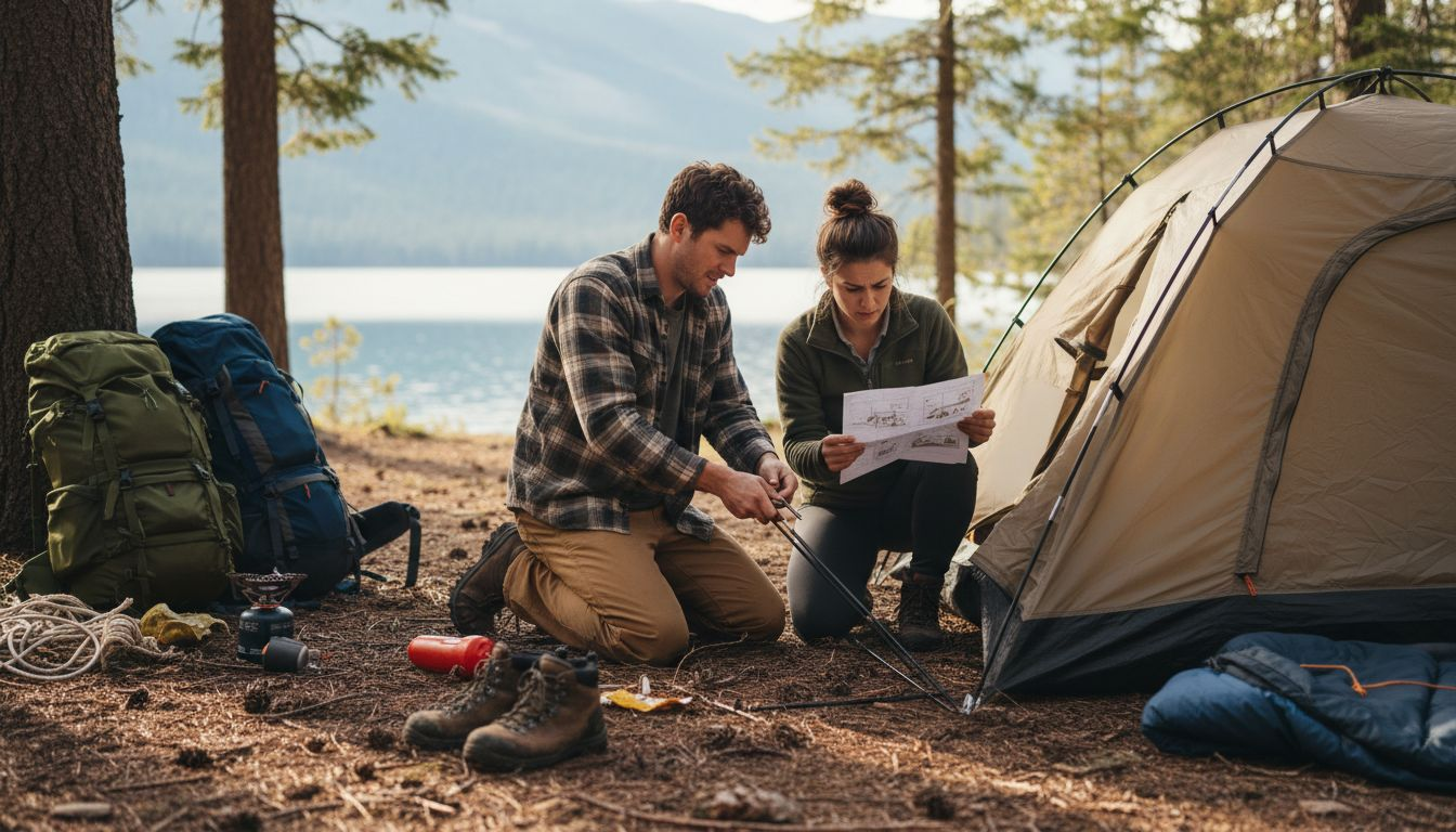 Couple struggling to set up tent at campsite