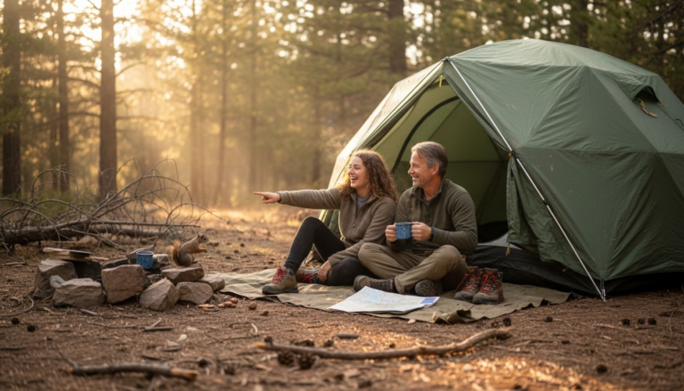 Family relaxing outside tent in morning woods