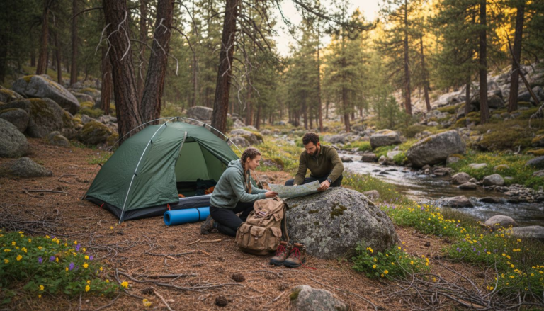 Campers pitching tent in remote forest clearing