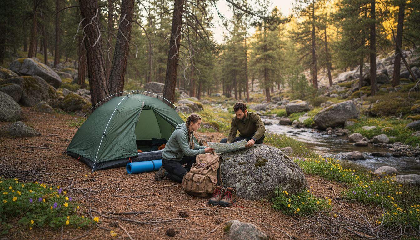 Campers pitching tent in remote forest clearing