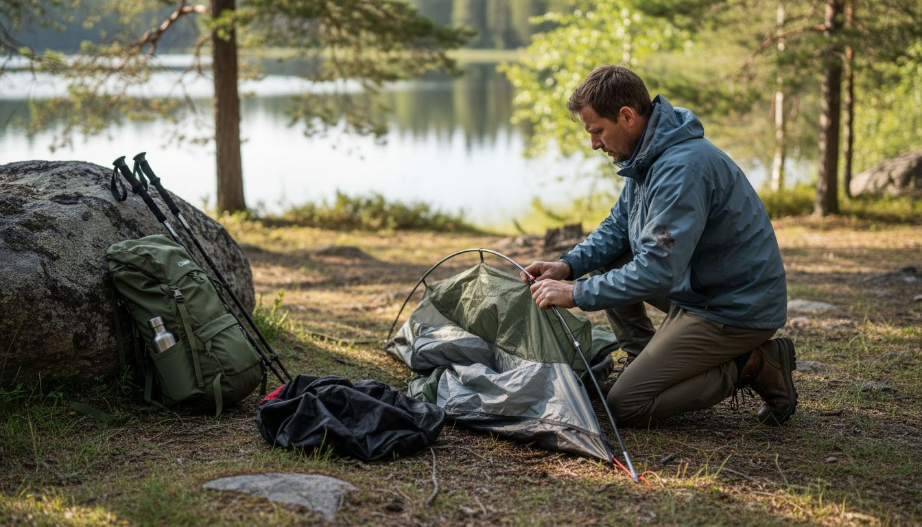Camper assembling tent poles at lakeside campsite