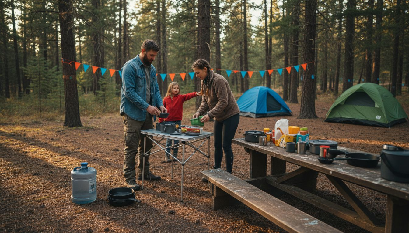 Family setting up camp kitchen at wooded site