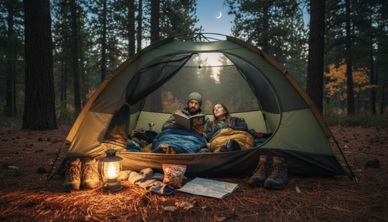 Campers getting ready to sleep inside tent