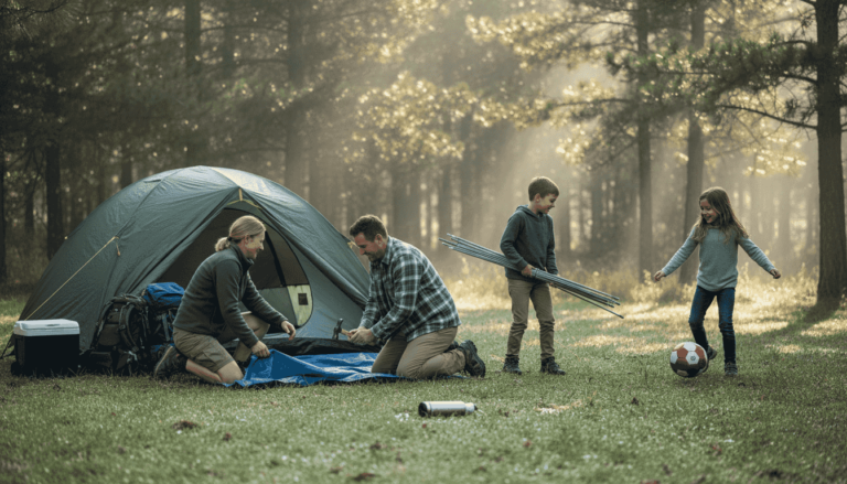 Family setting up tent at forest campsite