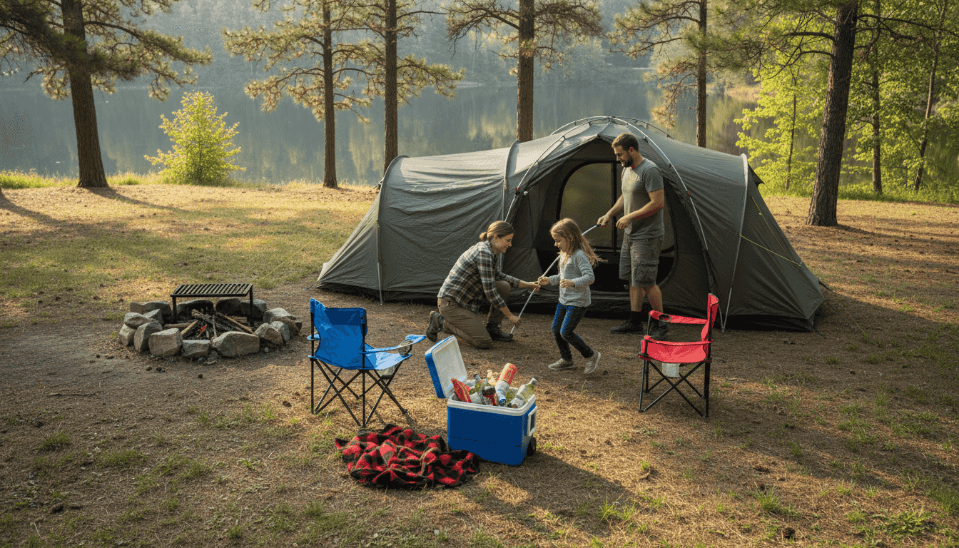 Family pitching tunnel tent near forest campground
