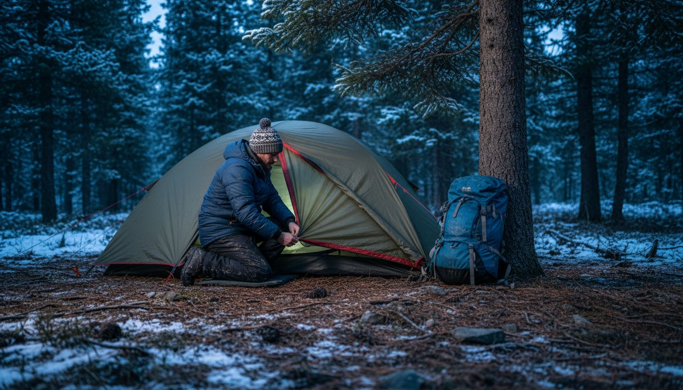 Camper securing four season tent in forest