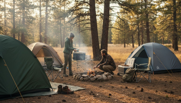 Group campsite layout with tents and fire pit