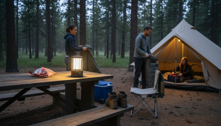 Campers using lantern for nighttime safety