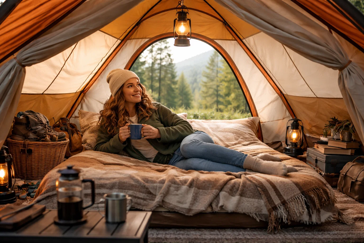A camper looking comfortable in a spacious tent 