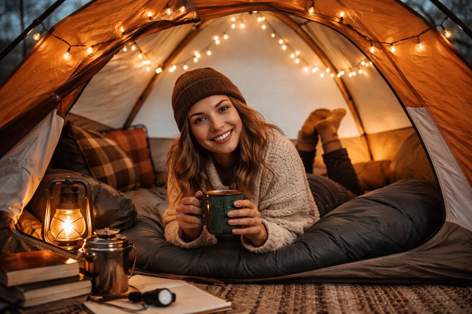A camper looking comfortable in their tent