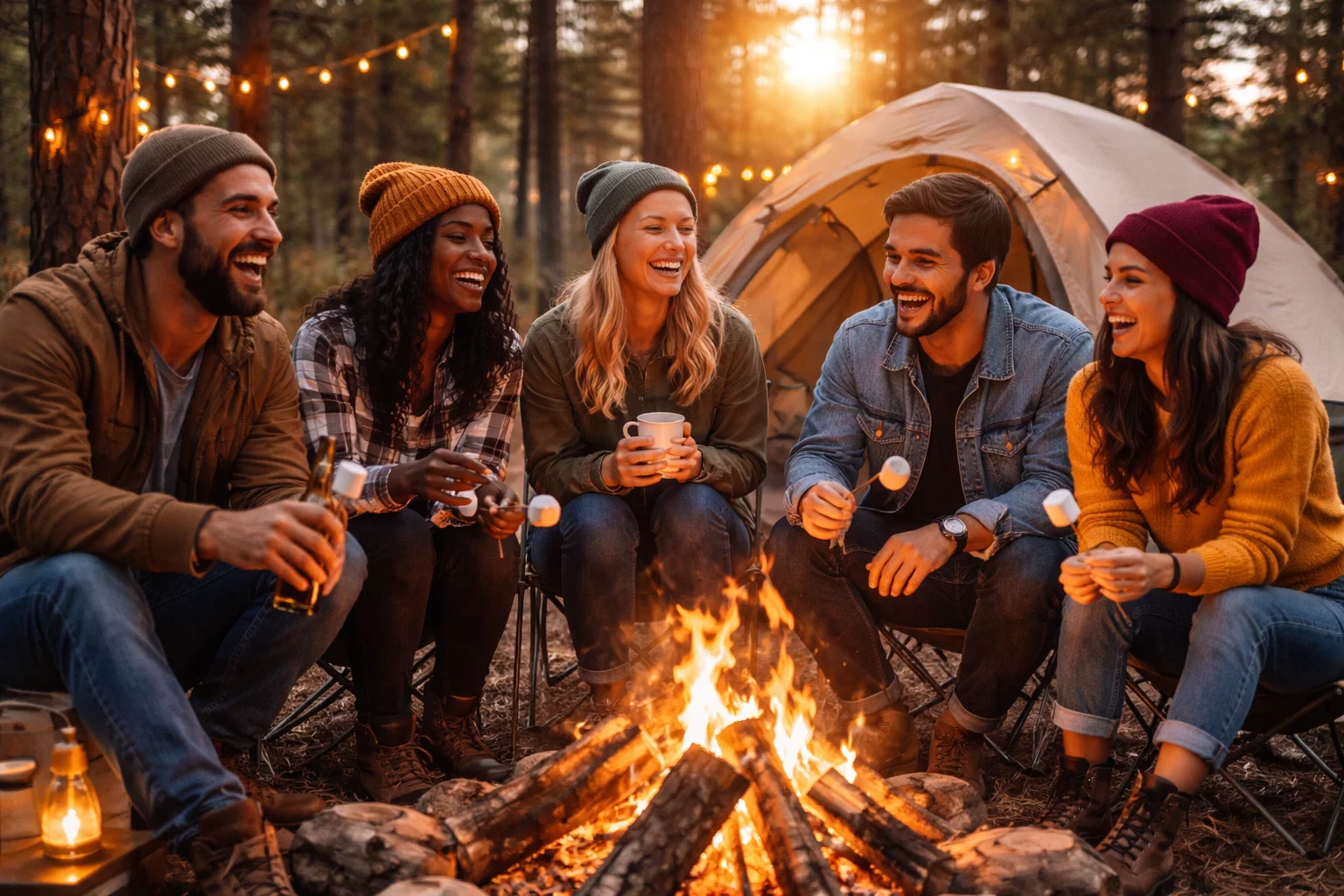 Friends having a fun time whilst camping