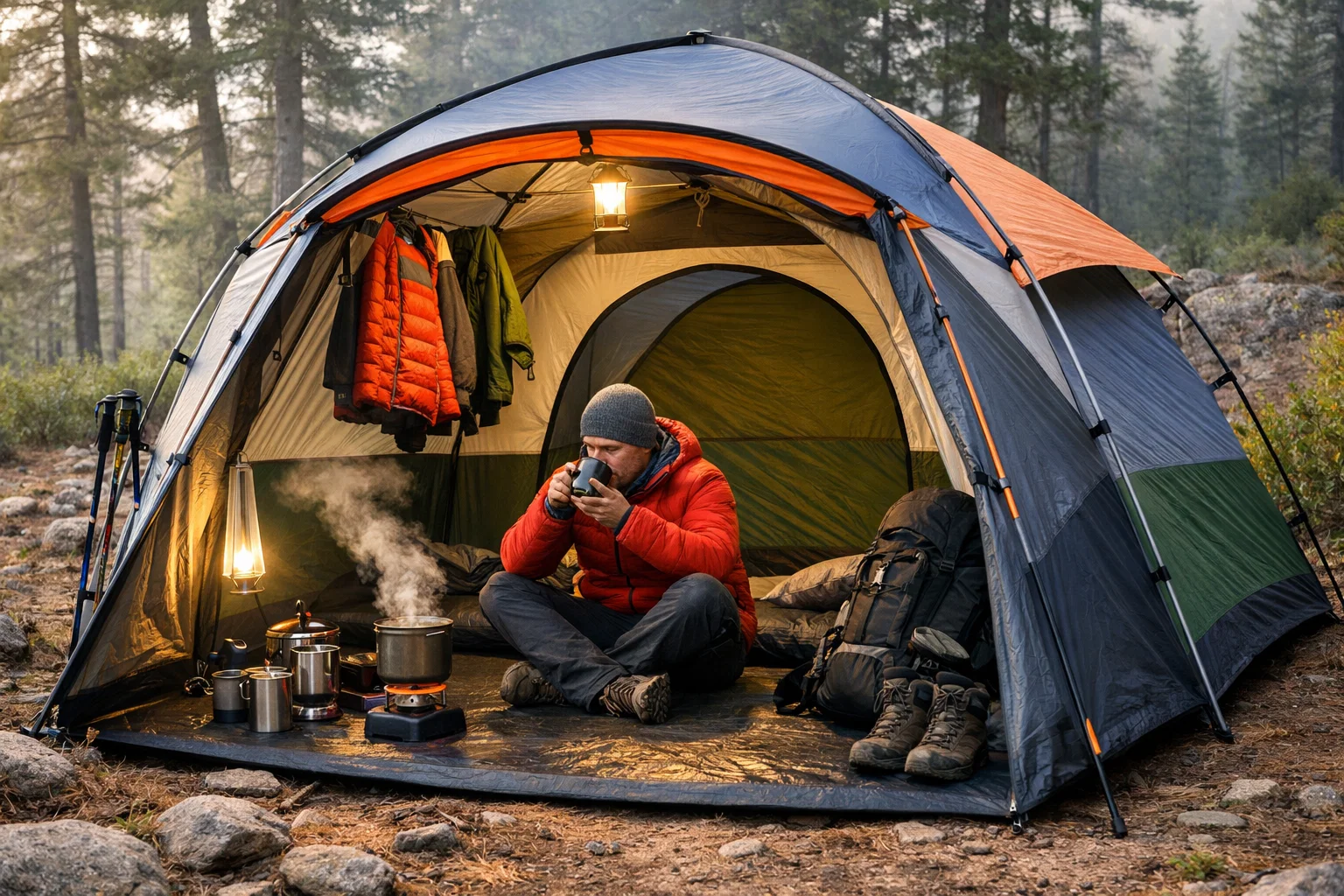 A camper using good Tent Vestibule