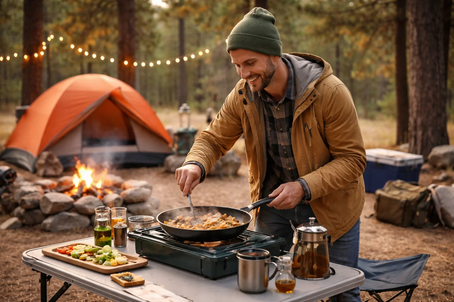 A camper cooking at their campsite
