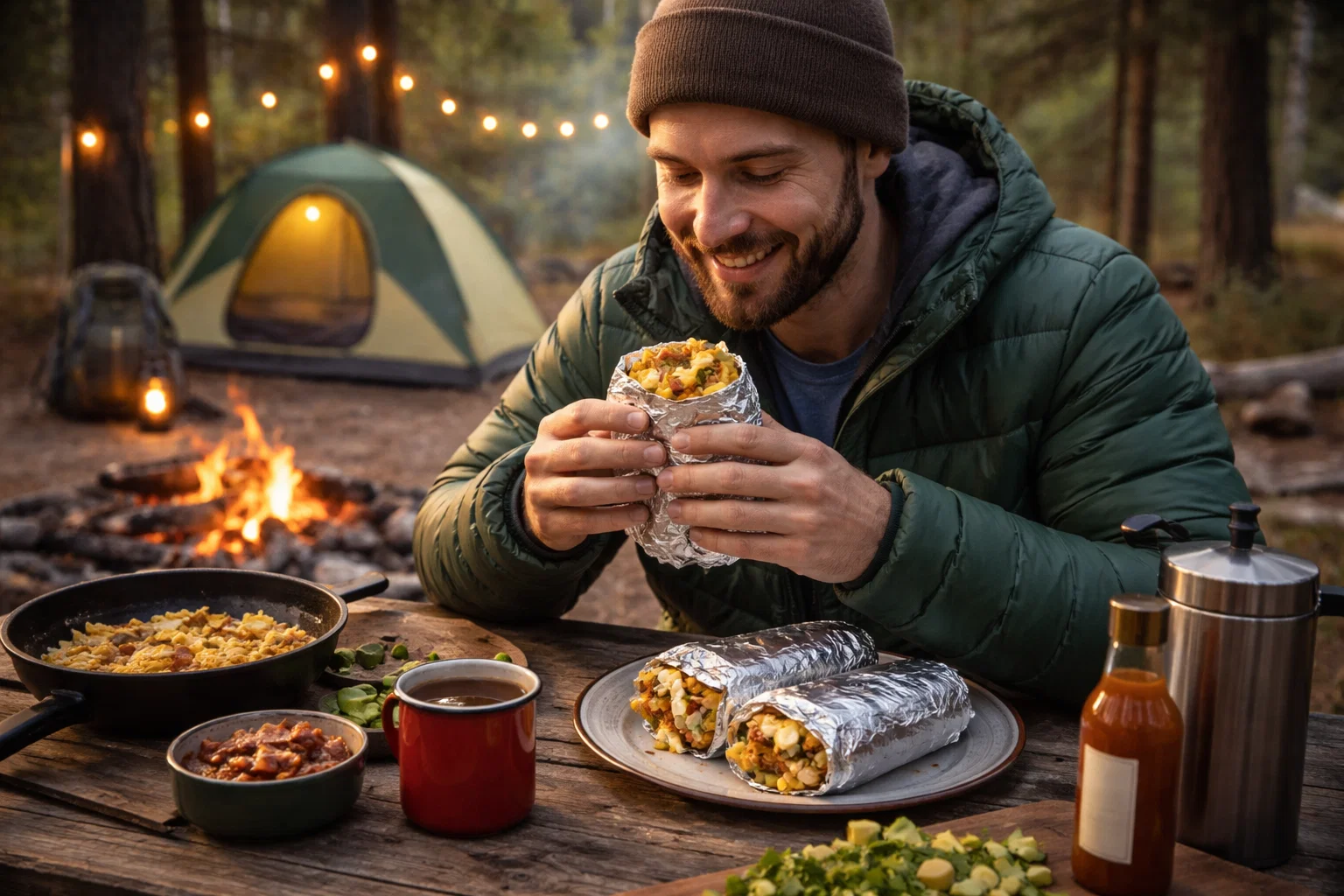 Campsite Meals- A camper eating breakfast burritos at a campsite