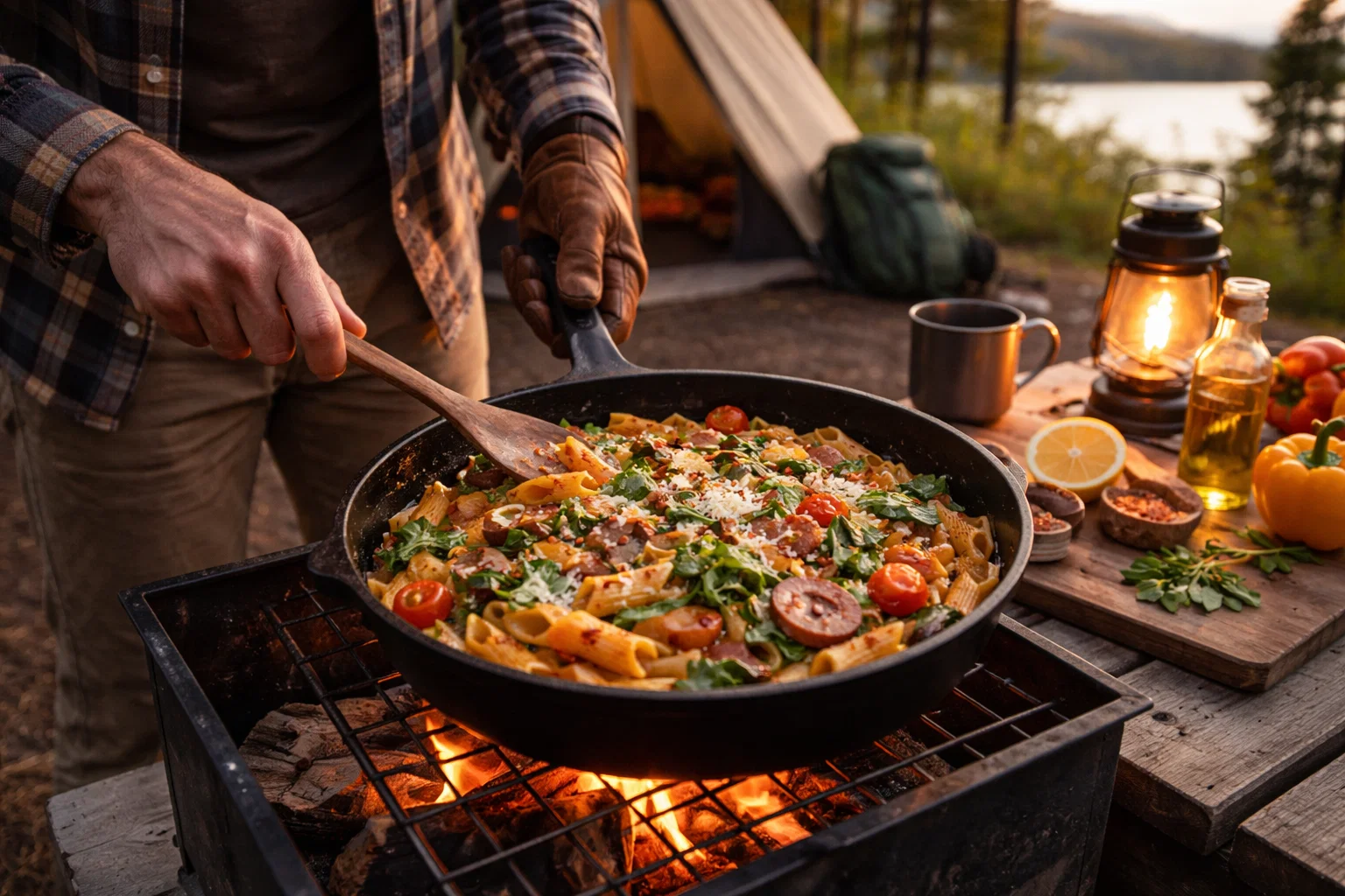 A camper cooking skillet pasta at a campsite