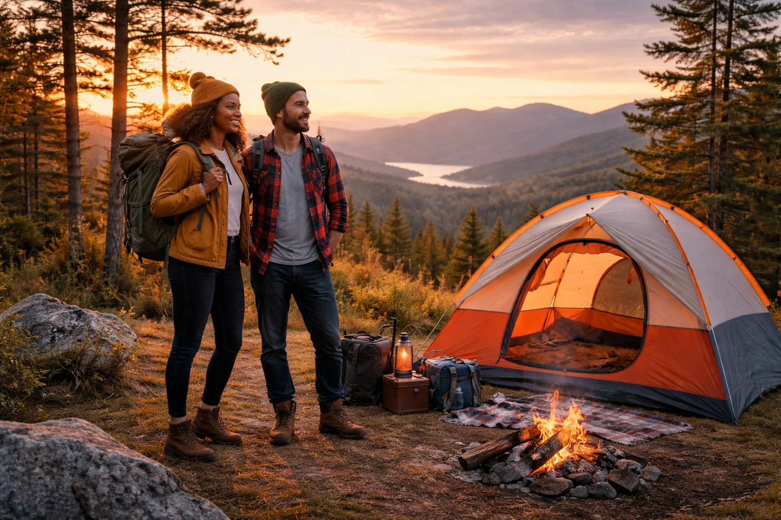 A camper standing by their tent with a friend 