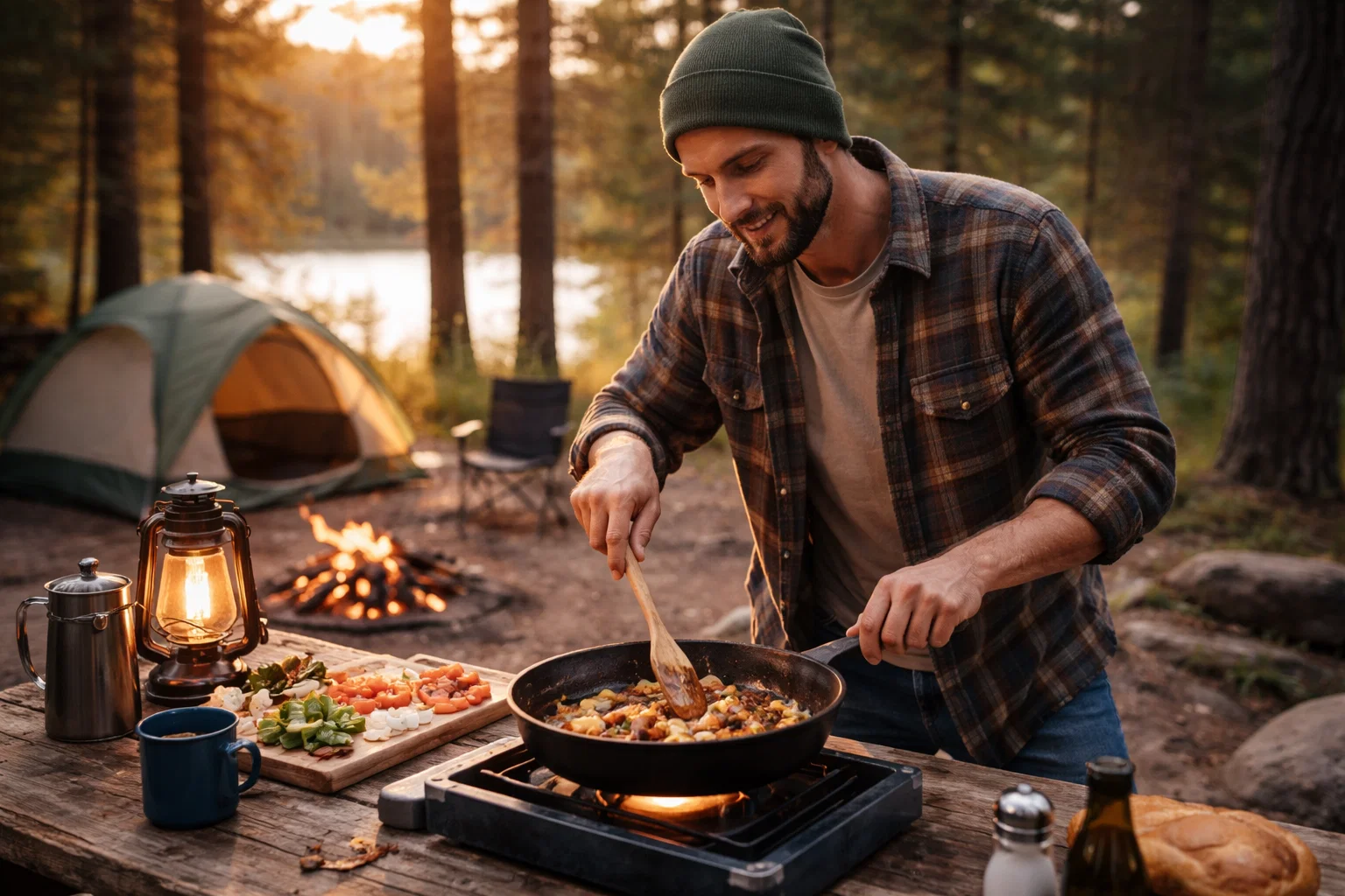 A camper cooking