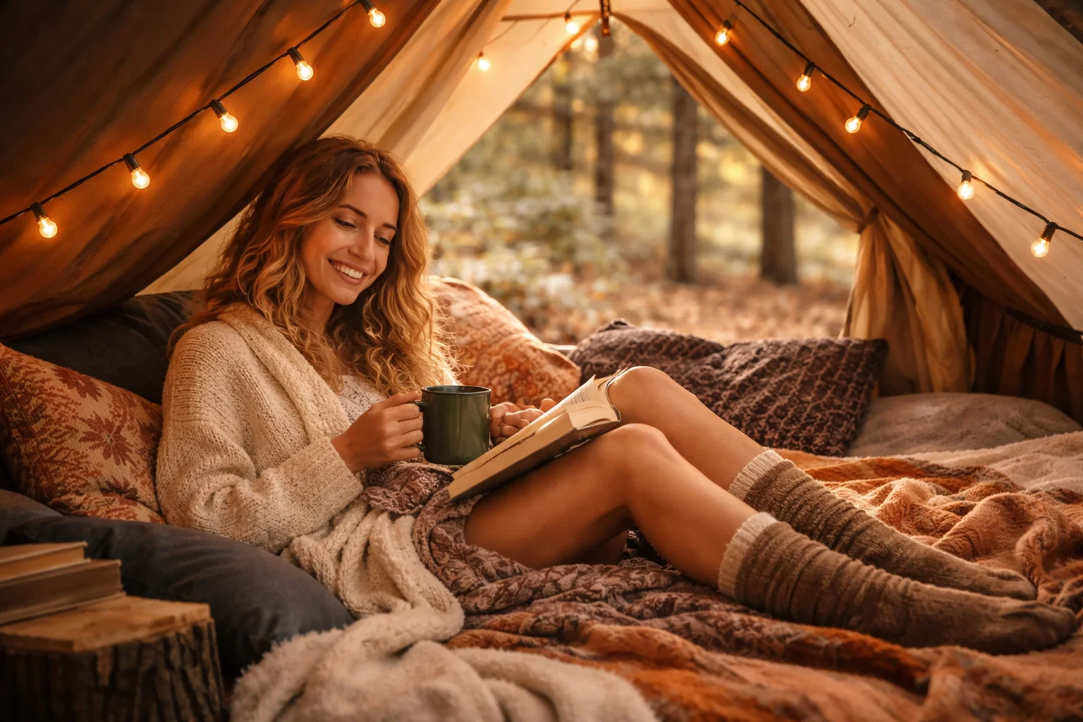 A woman getting maximum tent comfort while camping 