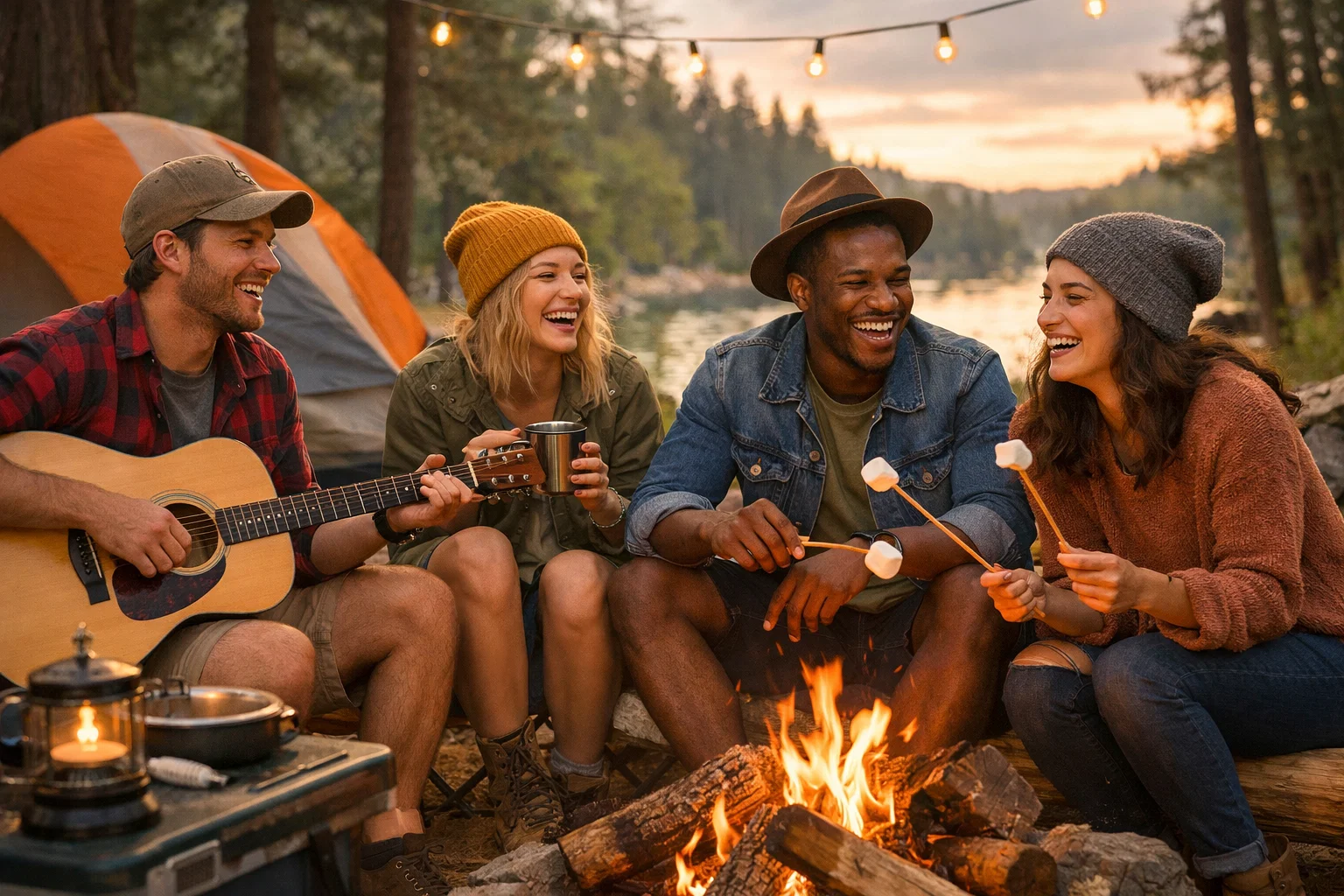 Happy people camping