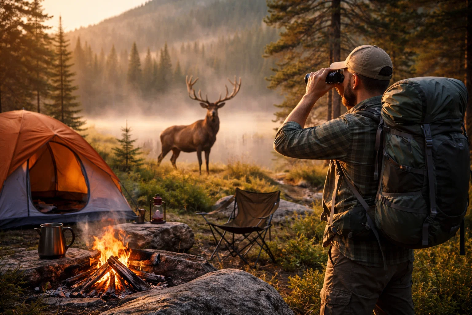 A camper SPOTTING WILDLIFE BY HIS CAMPSITE 
