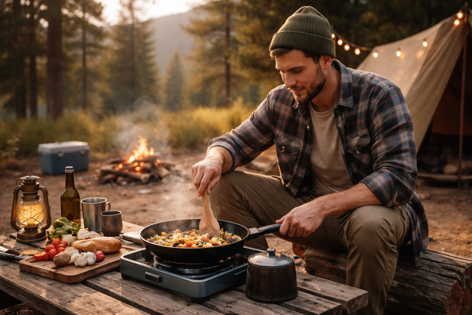 A camper cooking outdoors 