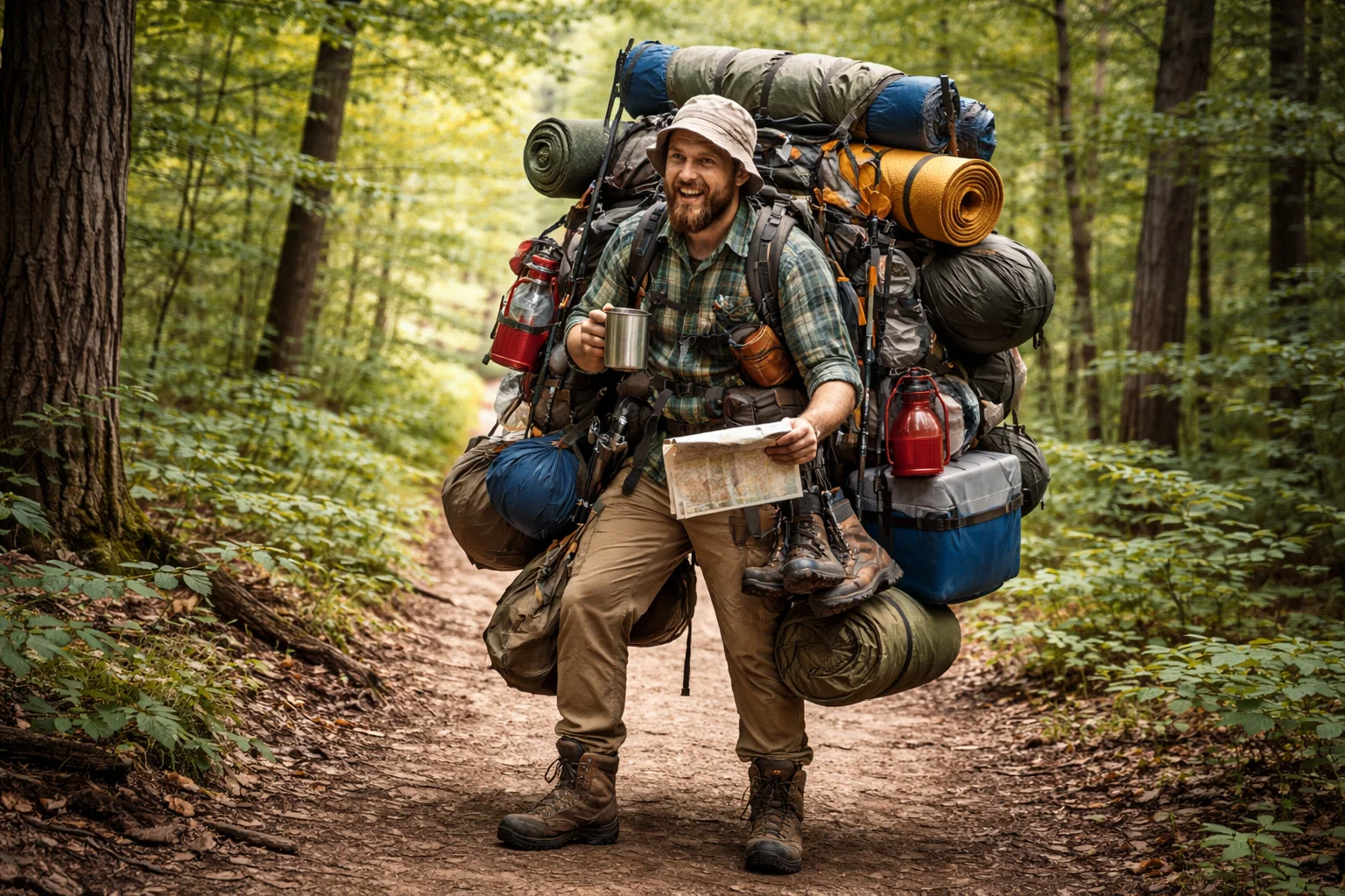 A camper making classic camping mistakes by overpacking too much gear