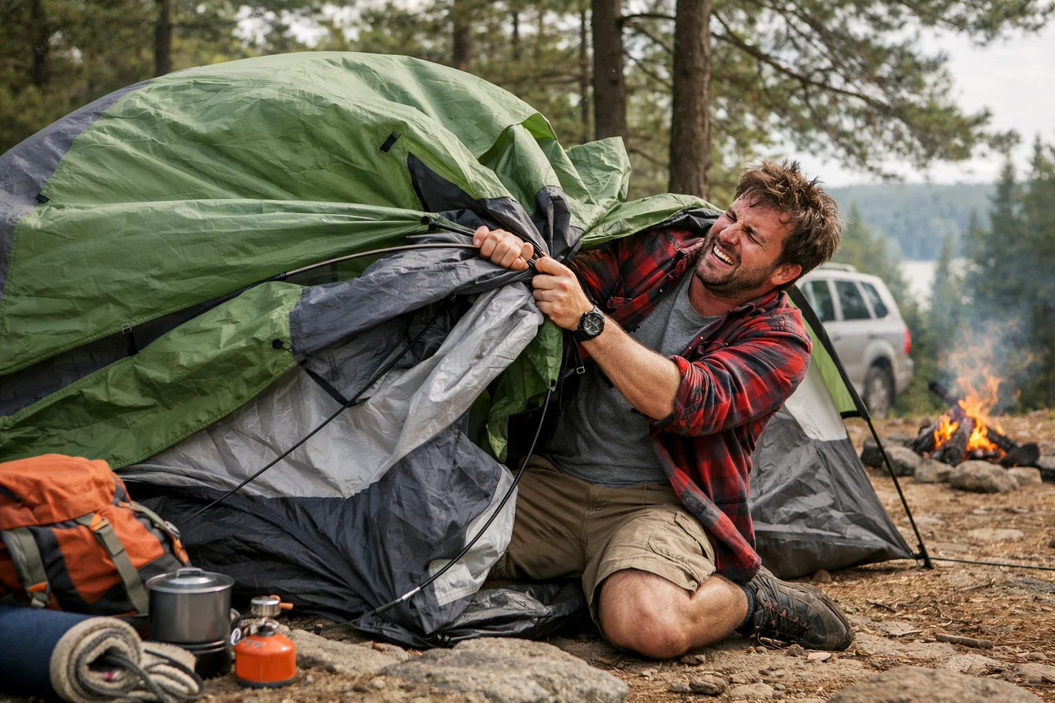 A camper struggling to put up a tent